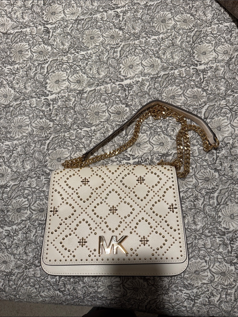 Michael Kors Cream Leather Studded Crossbody with Gold Chain